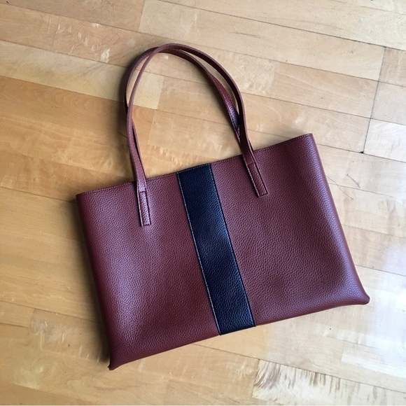 Vince Camuto Brown Pebble Vegan Faux Leather Shoulder Tote, Black Stripe - Picture 4 of 17